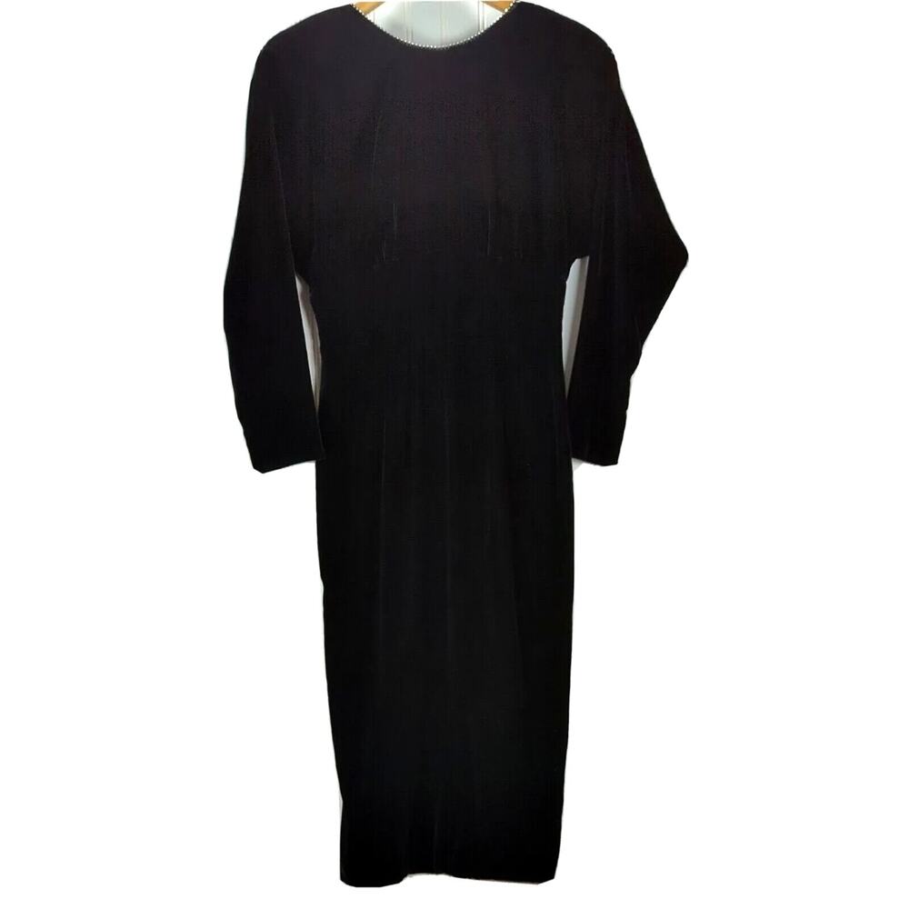 VTG Datiani Long Sleeve Midi Dress Womens 10 Black Velvet Rhinestone Trim Formal